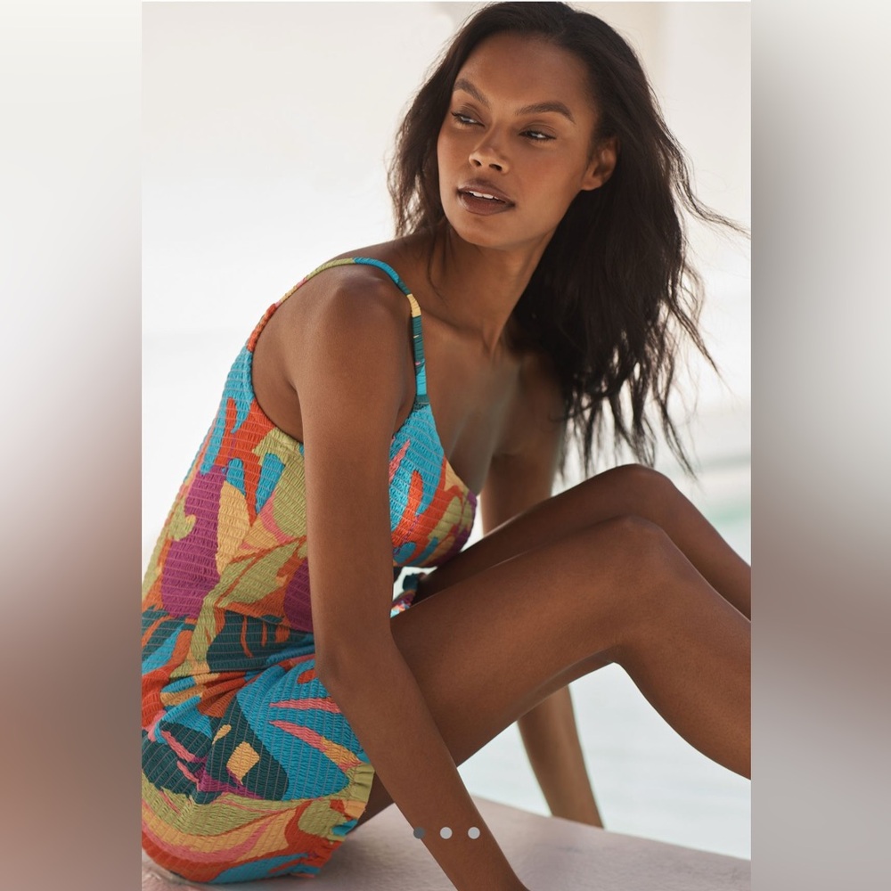 NWT LSPACE Blaire One-Shoulder Colorful Patterned Smocked Mini Dress SZ S